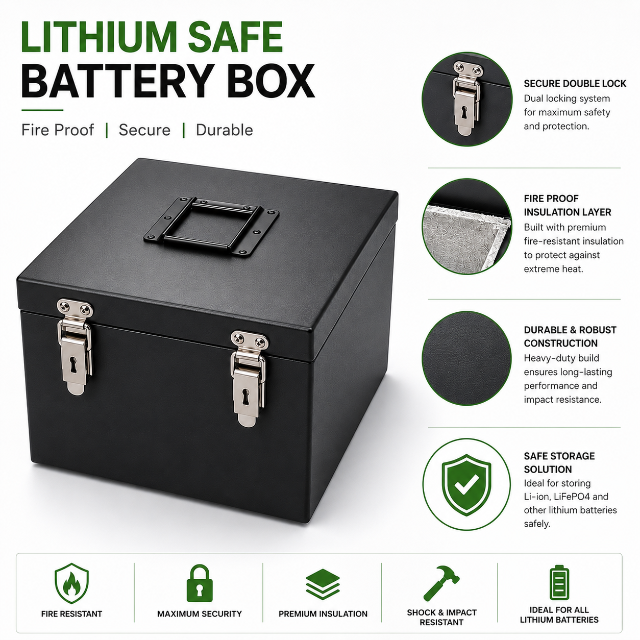 Fireproof LiPo Battery Safety Box 200×200×200mm | Double Lock Metal Storage Box